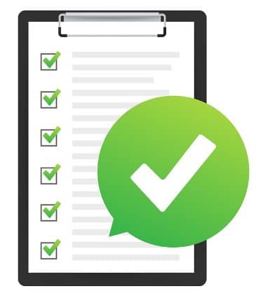 A large green circle with a white checkmark sits in front of a graphic of a checklist on a clipboard.